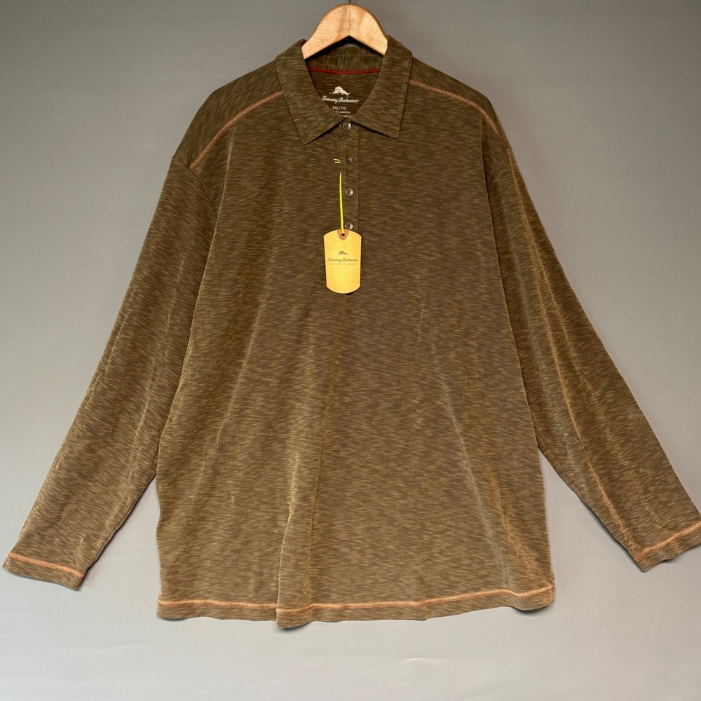 NWT Tommy Bahama Paradise Blend Polo LS Coffee Brown Olive Marl Mens XXL
